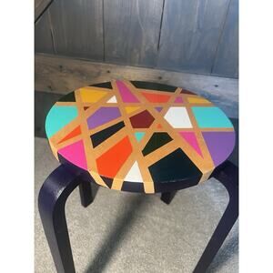 Hand-Painted Side Table Unique Colorful Navy Blue Legs Gold Geometric Boho
